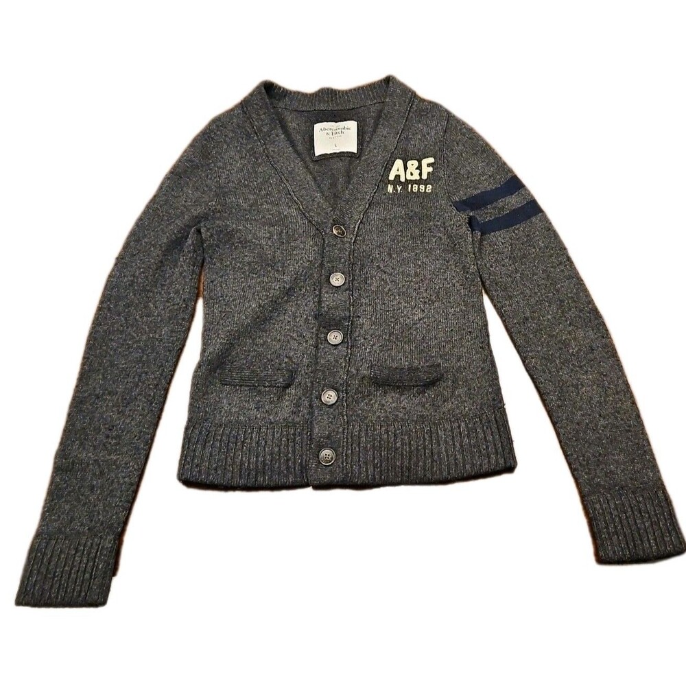 Y2K Abercrombie And Fitch Gray Varsity Embroidered Wool Cardigan, Womens Large
